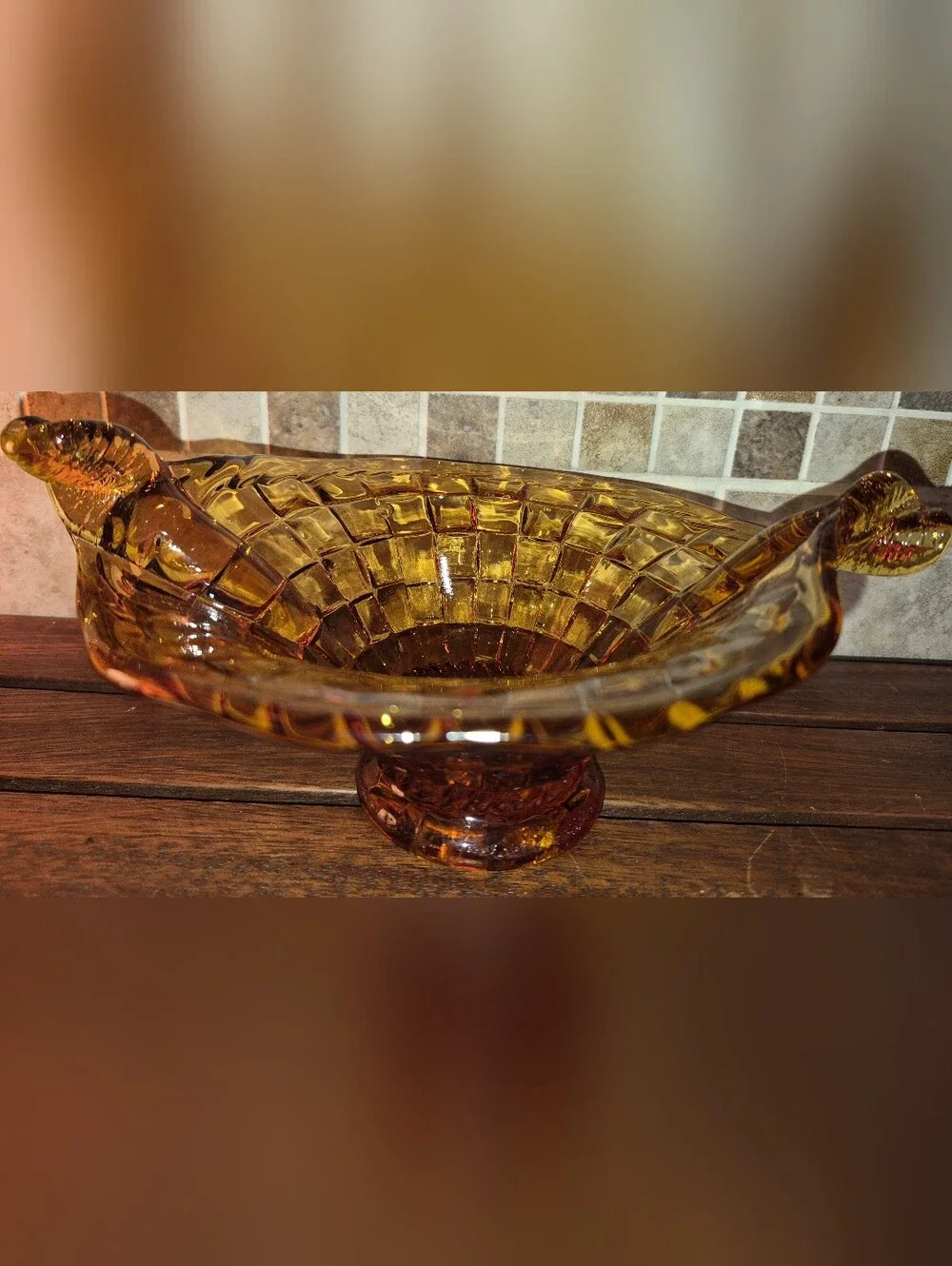 Vintage Fenton Amber pressed glass basketweave bowl w/ twisted split-handles